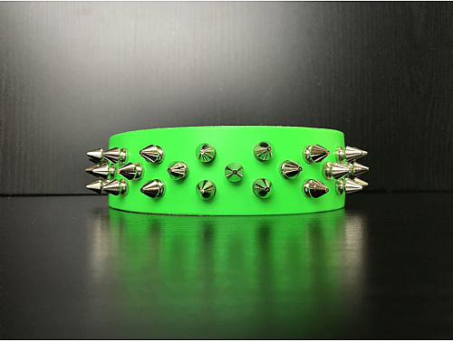 Fluorescent Green/3 Spike Studs - Leather Dog Collar - Size XL